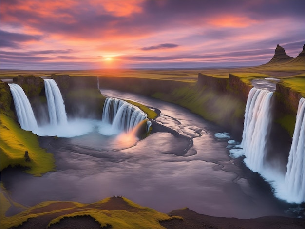 A waterfall in iceland with a sunset in the background