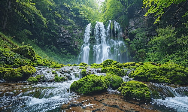 a waterfall is in the background and the green moss on the rocks is green