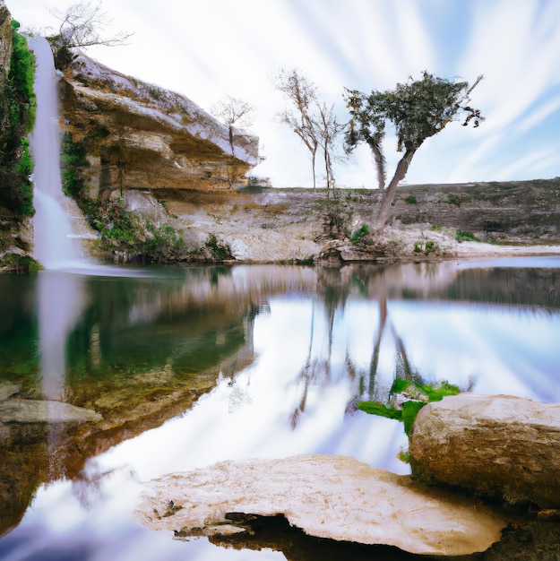 A waterfall is in the background of a pond with a rock in the water.