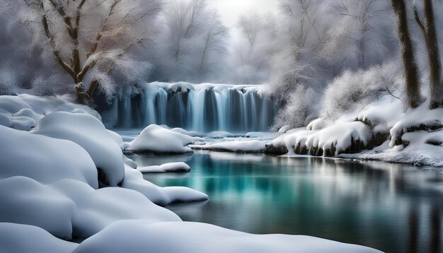 a waterfall is in the background and the snow is blue