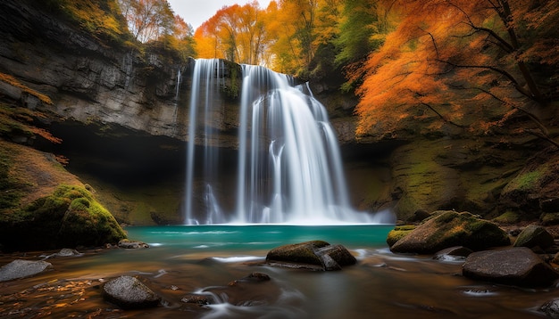 a waterfall is in the background with the colors of fall