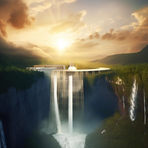 A waterfall is falling over a cliff with the sun setting behind it.