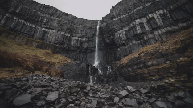 A waterfall is falling down into a rocky landscape.