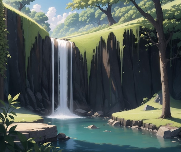 A waterfall is in the middle of a forest.