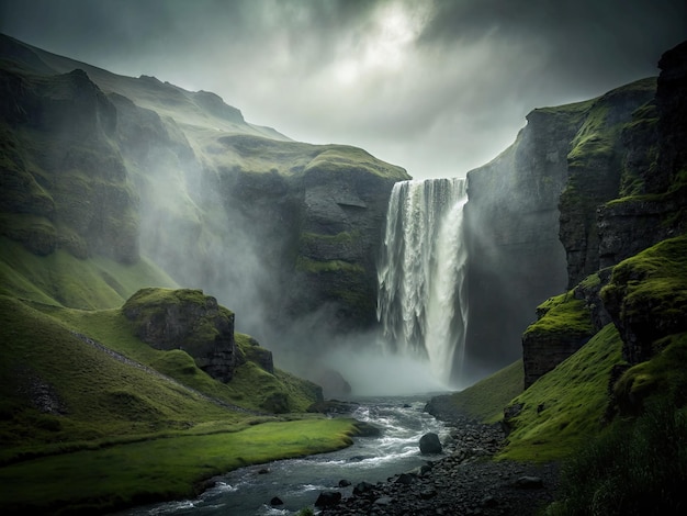 a waterfall is in the middle of a green mountain