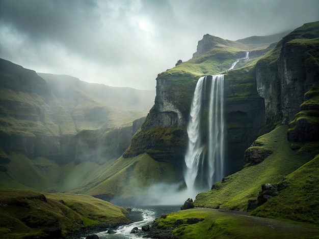 a waterfall is in the middle of a mountain with a green grass covered field