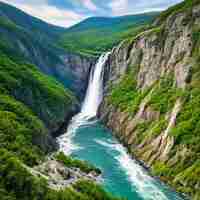 Photo a waterfall is in the middle of a valley