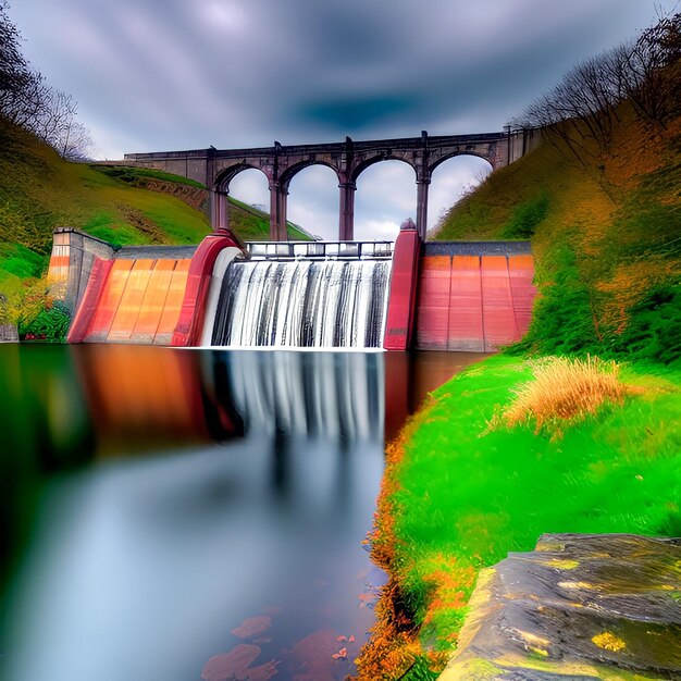 A waterfall is on the river bank of the river derwent.