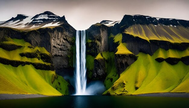 a waterfall is shown in the background with a mountain in the background