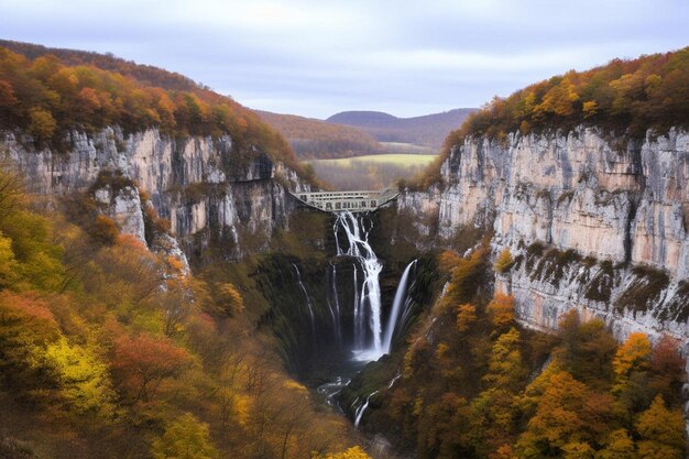 Photo a waterfall is shown in the middle of a mountain