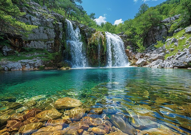 Photo a waterfall is surrounded by rocks and trees