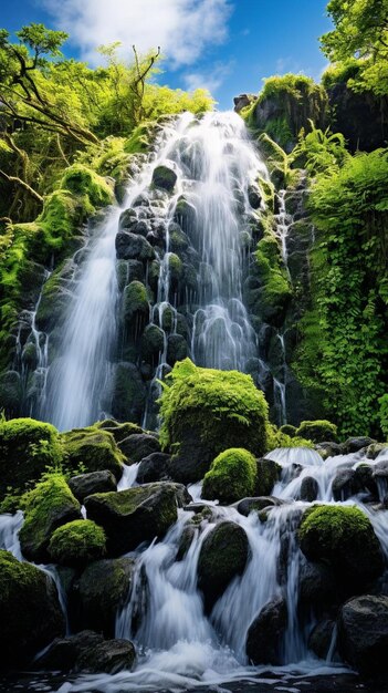водопад окружен камнями и деревьями