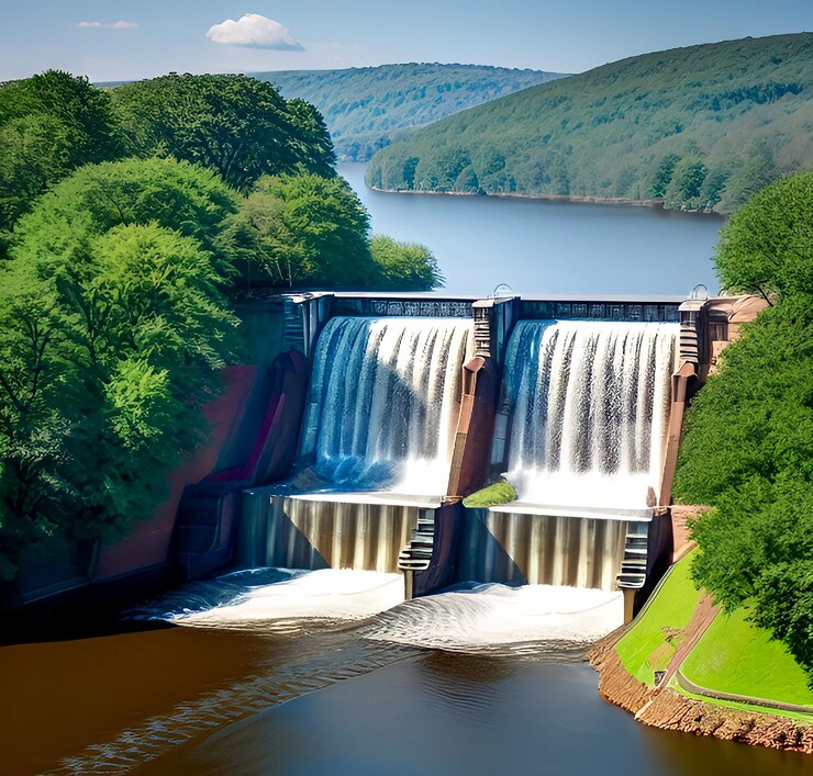 A waterfall is surrounded by trees and a body of water.