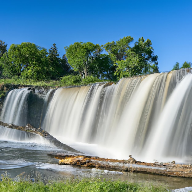 A waterfall is surrounded by trees and a tree trunk.