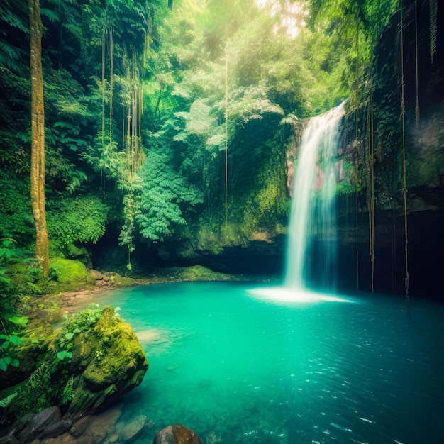 A waterfall is surrounded by trees and the trees is surrounded by green vegetation