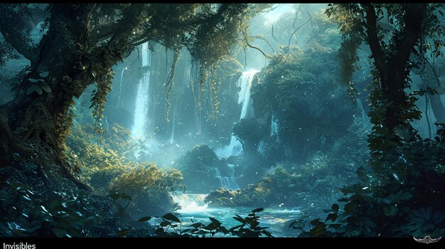 waterfall ivy leaves graphic vectors at each border fantasy forest landscape fantasy magic light