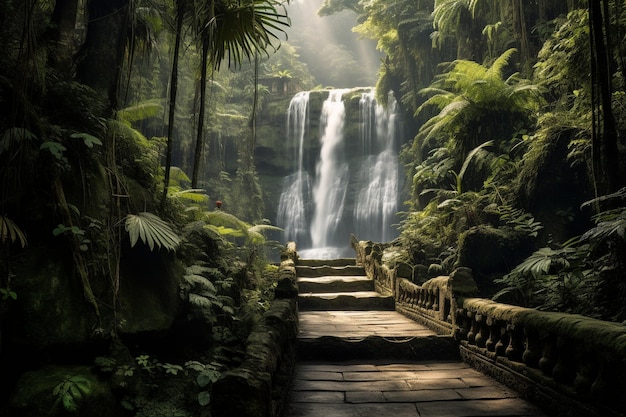 a waterfall in the jungle is shown in the picture