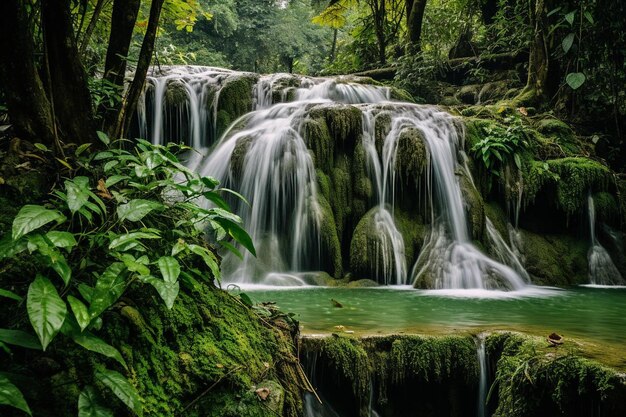 a waterfall in the jungle is surrounded by lush green plants