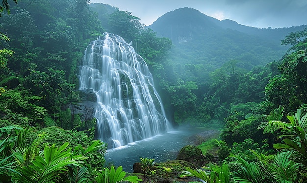 Водопад в джунглях окружен пышными зелеными деревьями.