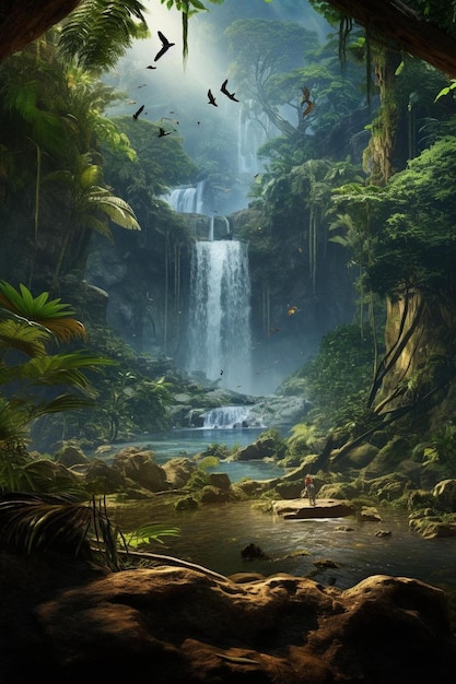 a waterfall in the jungle is surrounded by trees and a waterfall