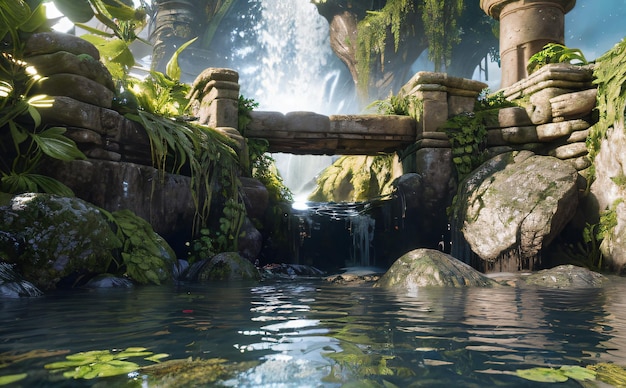 a waterfall in a jungle with a bridge over it