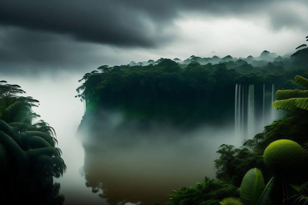 A waterfall in the jungle with a cloudy sky