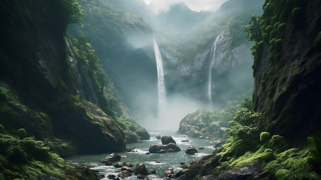 Водопад в джунглях на зеленом фоне