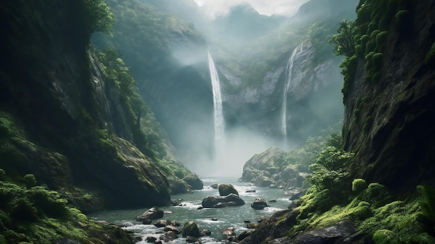 A waterfall in the jungle with a green background