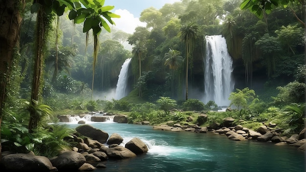 A waterfall in a jungle with green plants and blue water