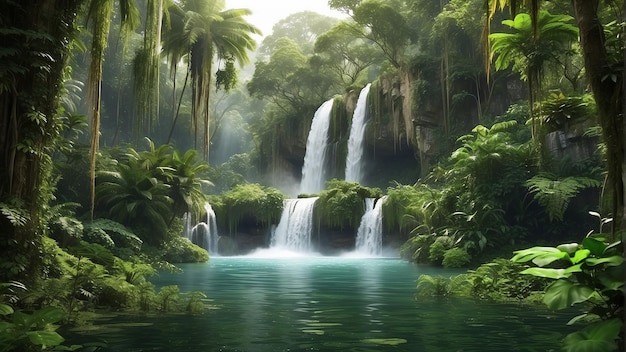 A waterfall in a jungle with green plants and blue water