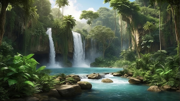 A waterfall in a jungle with green plants and blue water