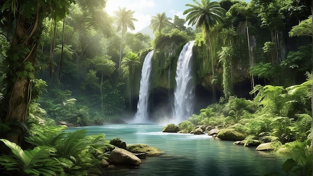 A waterfall in a jungle with green plants and blue water