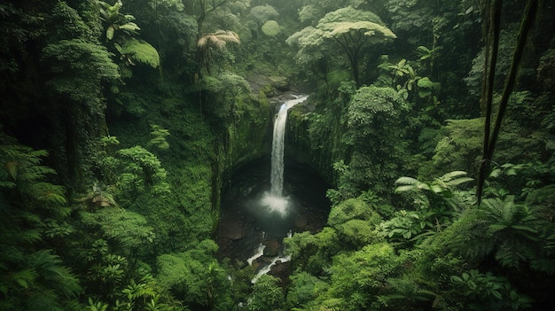 A waterfall in the jungle with green trees and a waterfall in the background.