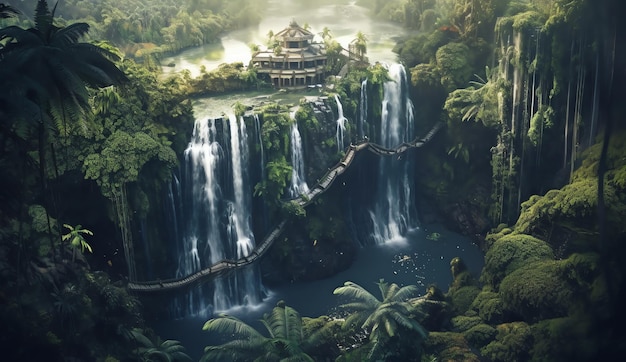 A waterfall in the jungle with a house on top