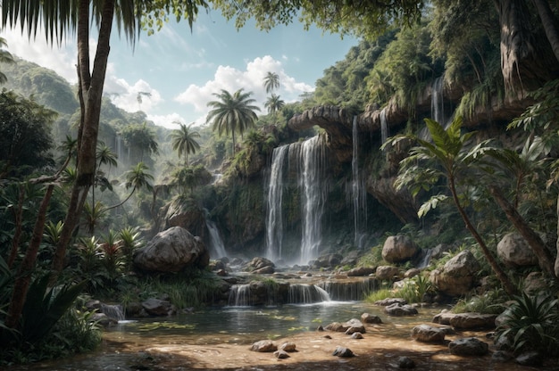 Waterfall in the jungle with palm trees and rock in the foreground