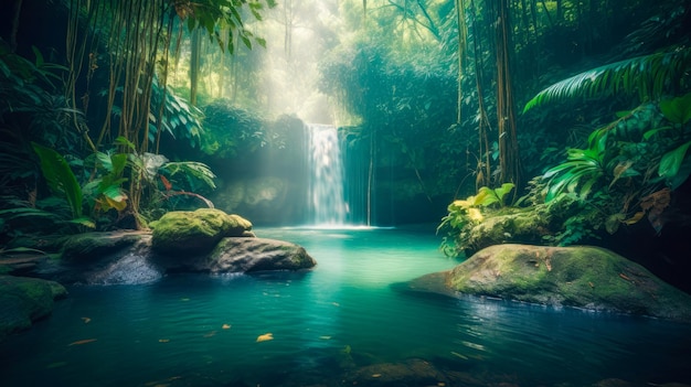 A waterfall in the jungle with the sun shining on it