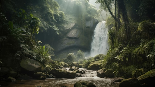 A waterfall in the jungle with the sun shining on it