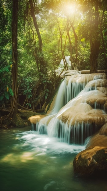 водопад в джунглях с солнцем, сияющим сквозь деревья, генеративный ай