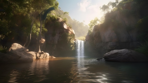 A waterfall in the jungle with trees and rocks