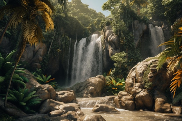 A waterfall in the jungle with tropical plants and trees