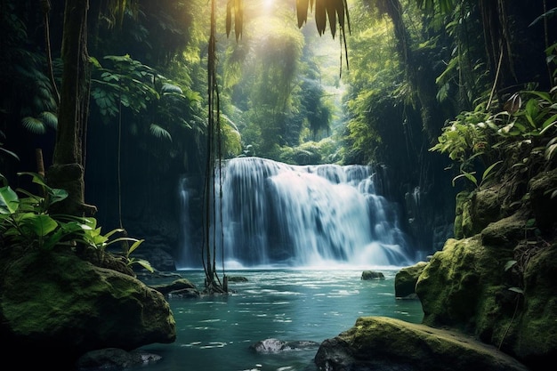 A waterfall in the jungle with a waterfall in the background.