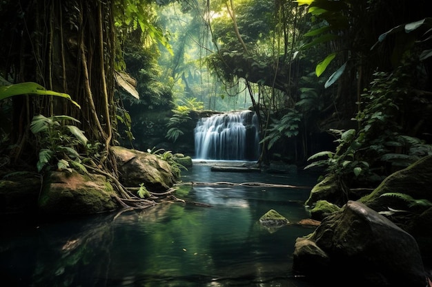 A waterfall in the jungle with a waterfall in the background.