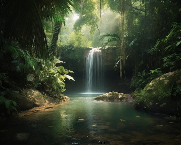 A waterfall in the jungle with a waterfall in the background