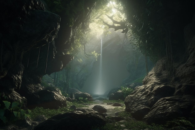 A waterfall in a jungle with a waterfall