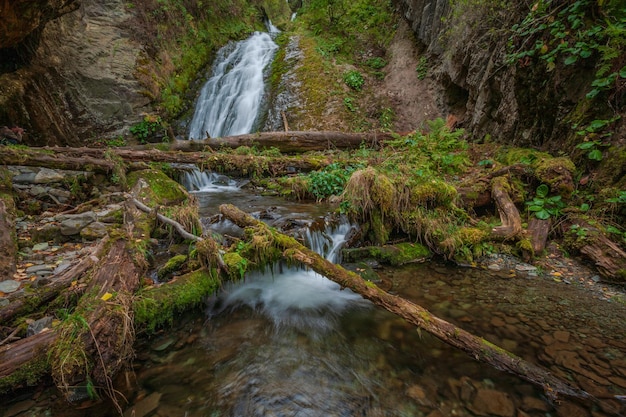 Foto cascata sul lago teletskoye sulle montagne altai.