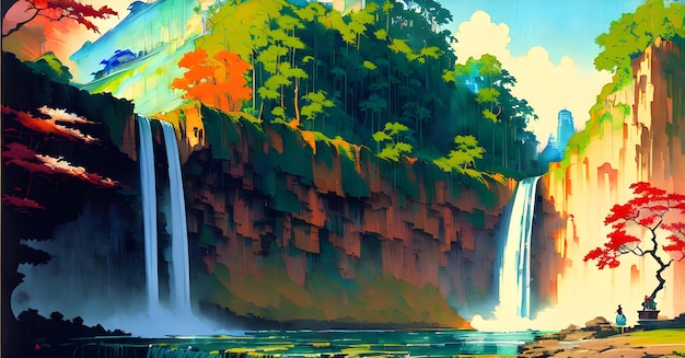 녹지 자연 벽지 캔버스 인쇄가 있는 산의 폭포 풍경 창의적인 포스터 그림을 위한 생성 AI 페이스북 커버