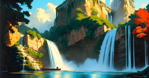 Waterfall Landscapes in the mountains with greenery nature wallpaper canvas print Generative AI for creative posters paintings facebook covers