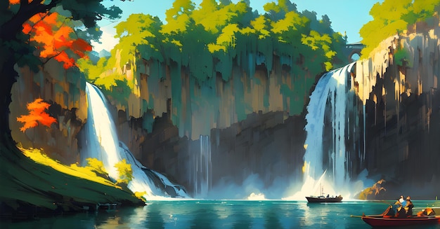 Waterfall Landscapes in the mountains with greenery nature wallpaper canvas print Generative AI for creative posters paintings facebook covers