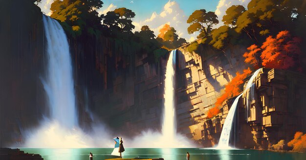 Waterfall Landscapes in the mountains with greenery nature wallpaper canvas print Generative AI for creative posters paintings facebook covers