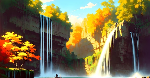 Водопад Пейзажи в горах с зеленью природа обои печать на холсте Генеративный ИИ для креативных постеров картины обложки фейсбука